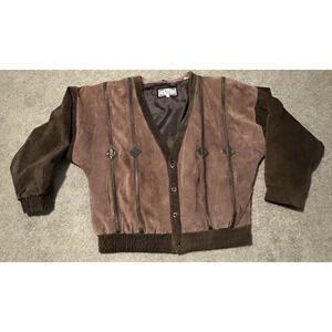Genelli Men XL Cardigan Jacket Suede Leather V-Neck Lined Chocolate Brown VTG